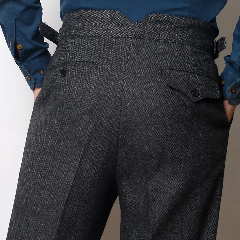 2024 Autumn Winter Woolen Business Suit Pants Men High Waist Streetwear Casual Herringbone Straight Suit Pant Q20 4