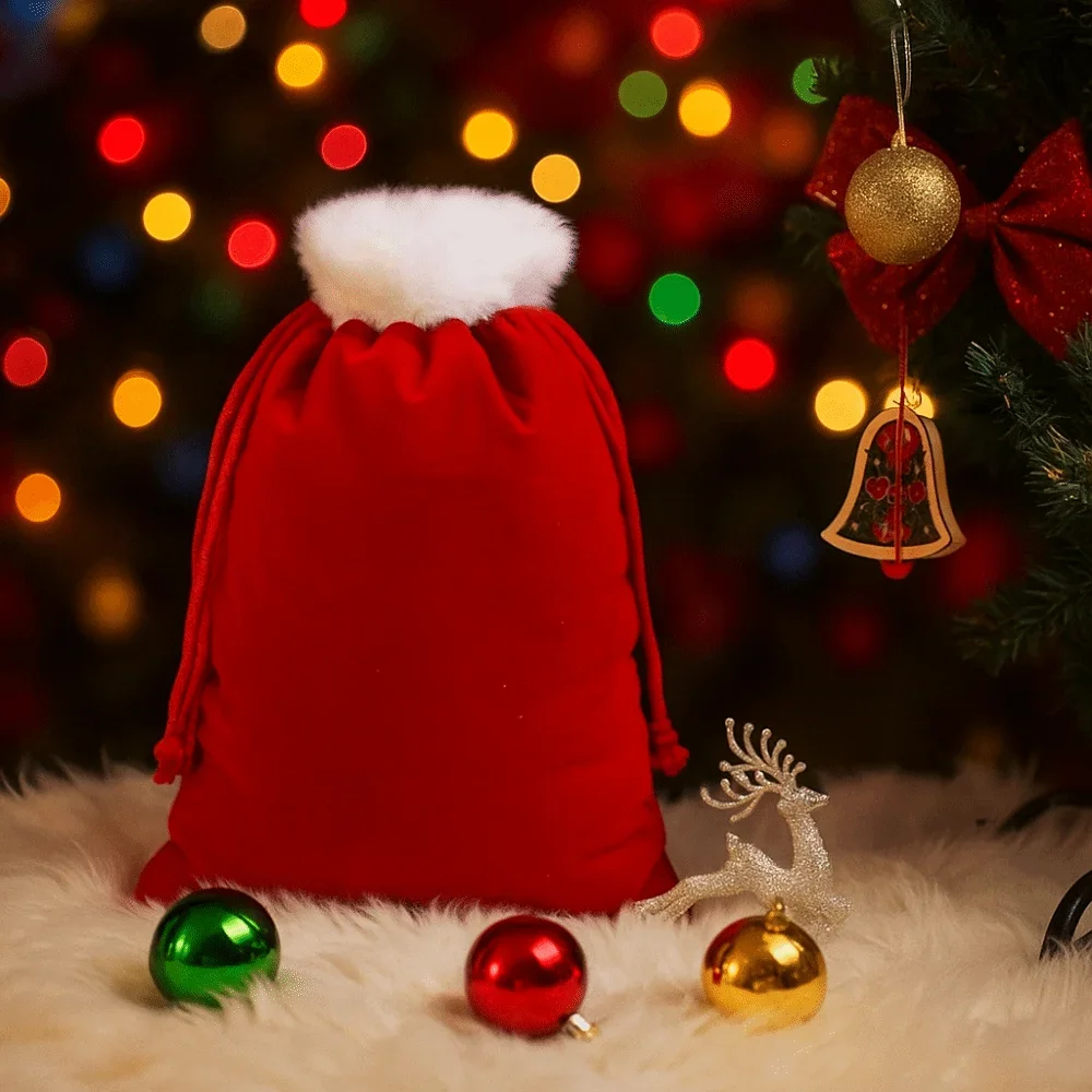 White Furry Trim Christmas Gift Bag Reusable Drawstring Holiday Bag