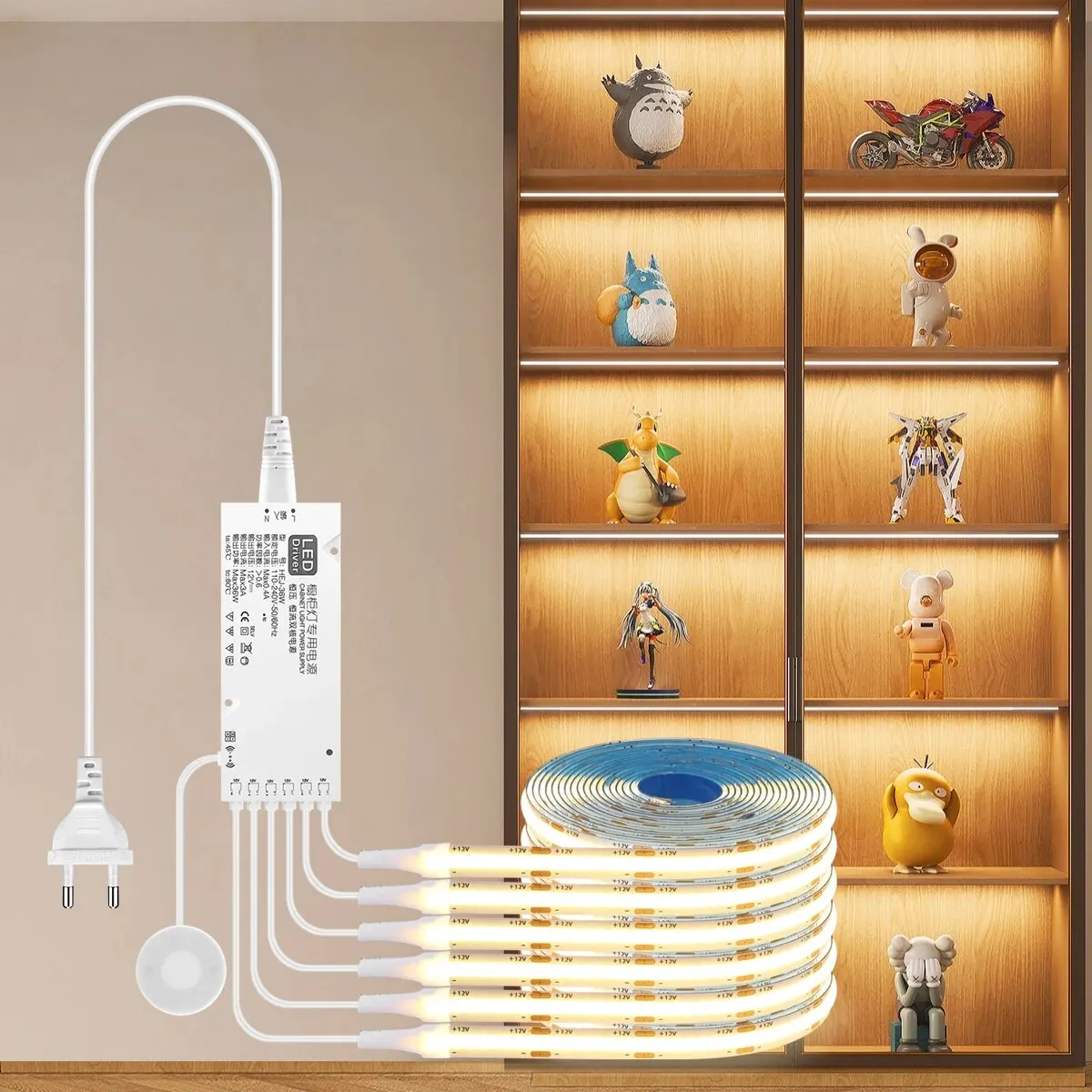 LED Strip Light COB LED Strip Light 12V Penetrable Wood Mirror Motion Sensor Touch Dimmer Switch Kitchen Cabinet Wardrobe Backlight