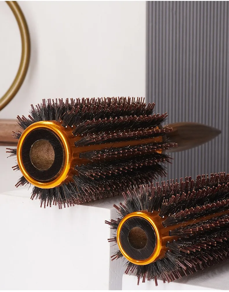1pc 천연 멧돼지 강모 라운드 브러시 나무 손잡이 헤어 드라이 스타일링 컬링 Detangling 헤어 브러시