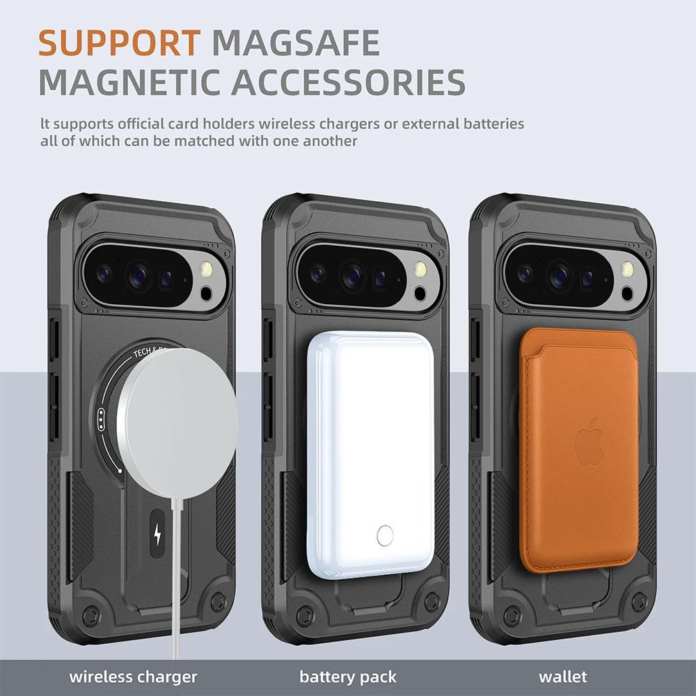 Armor Hybrid Shockproof Phone Case with Foldable Stand and MagSafe Compatibility
