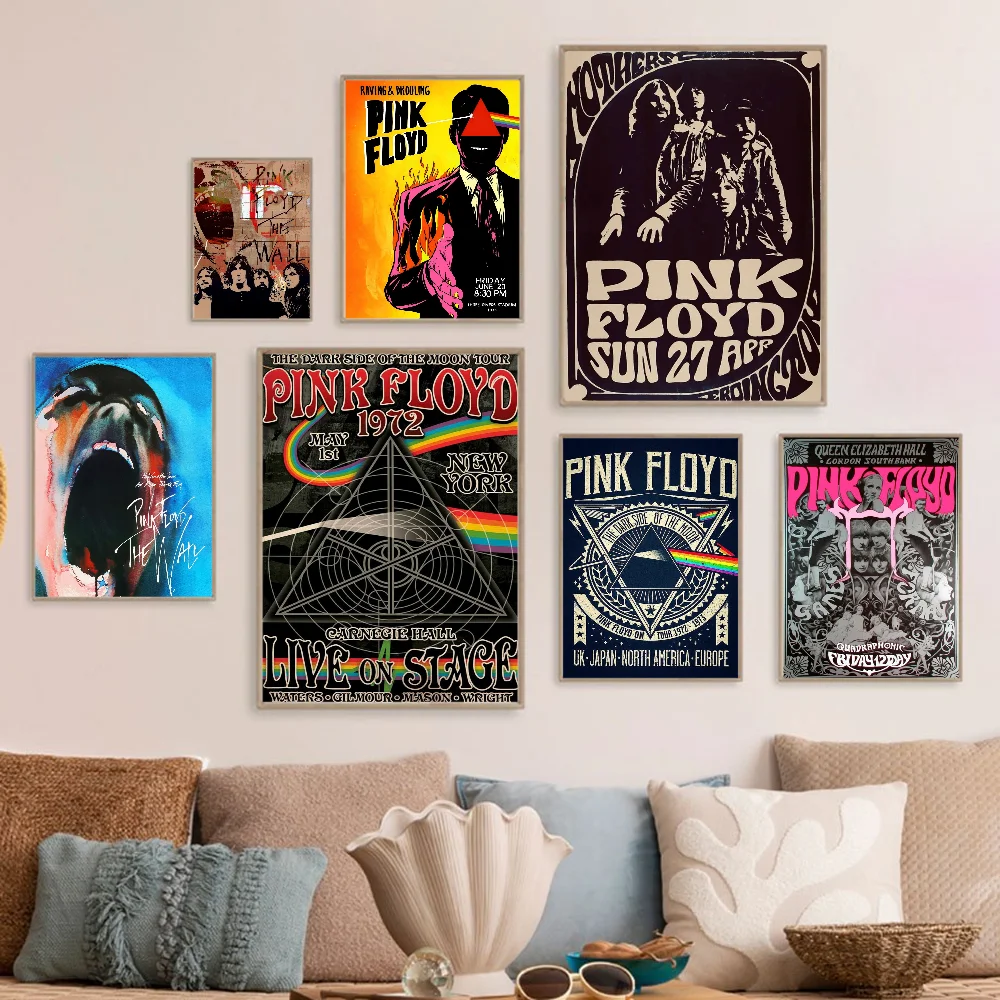 Vintage Posters Poster Prints Pink Floyd Band Self-adhesive Art Poster Wall Art White Kraft Paper Home Decor