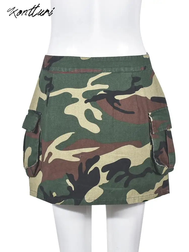 Kontturi Summer Streetwear Bodycon Camouflage Skirts For Woman 2023 New High Waist Pockets Skirt Mini A-line Skirts Female