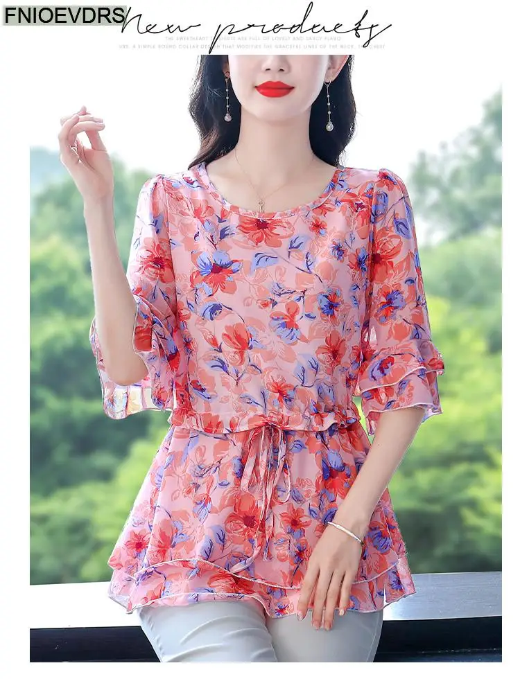 S-4XL Loose Clothes 2023 Women Summer Slim Waist Drawstring Ruffles Shirts Casual Chiffon Floral Tunic Peplum Tops And Blouses