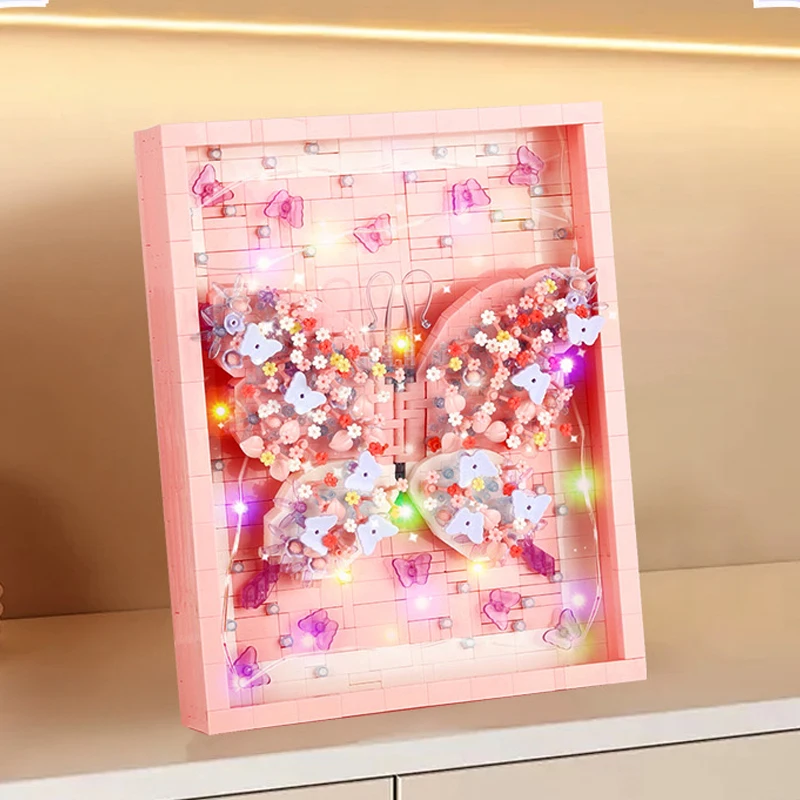 Butterfly Model Assemblage Building Blocks Moc Fantasy Picture Frame Display Stand Ornaments Home Deco Kids Toys Gifts for Girls