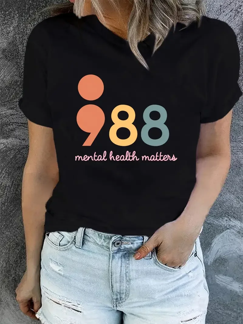 

Mental Health 988 Graphic Funny T-Shirt Women Summer Fashion Harajuku Casual Round Neck Short sleeve Original design tops tee