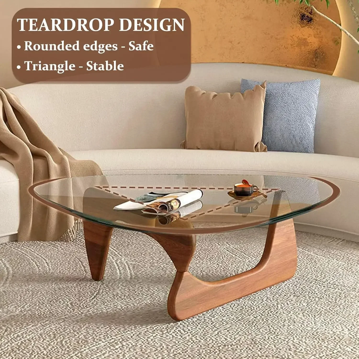 Coffee Tables for Living Room-Triangle Glass Coffee Table with Wooden Base Mid-Century Modern Abstract End Table