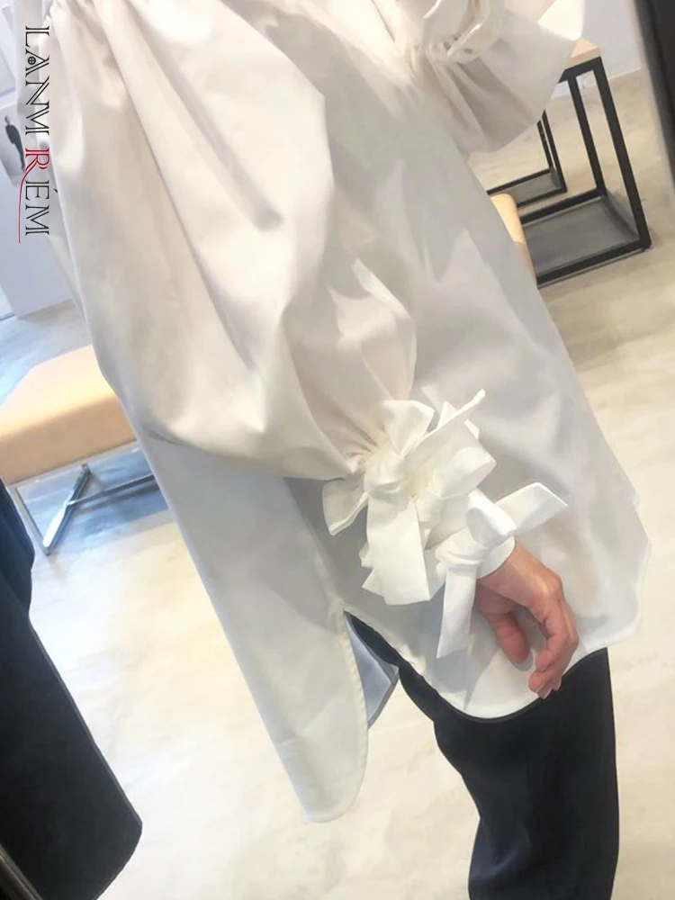 

LANMREM High End Blouse For Women Spliced Bows Round Neck Long Sleeves Solid Color Thin Tops Female Clothing 2023 New 2YA3316