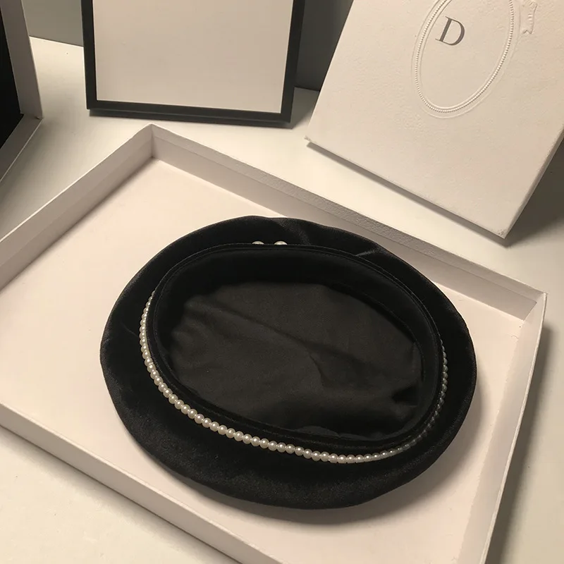 Hot Sale Musta Lapset Syksy Ja Talvi Englannin Pearl Veet Bud Naisten Kevät Elegantti Balck Baret Hat_voghion.com