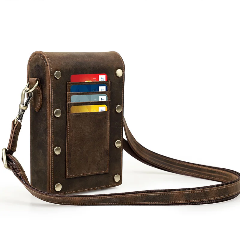 British Style Crazy Horse Genuine Leather Handbags Fashion Trend Lock Single Shoulder Slant Cross Casual Men's Phone Bag Female
