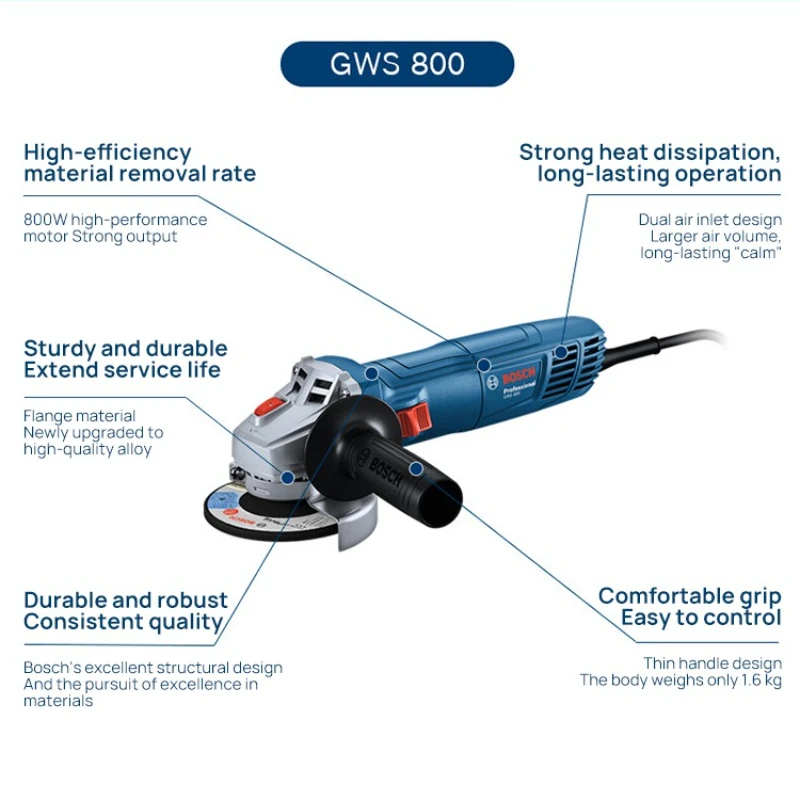 BOSCH GWS 800 앵글 그라인더 800W 12000RPM 100mm 금속 석재 절단 연마용 전기 연삭 공구