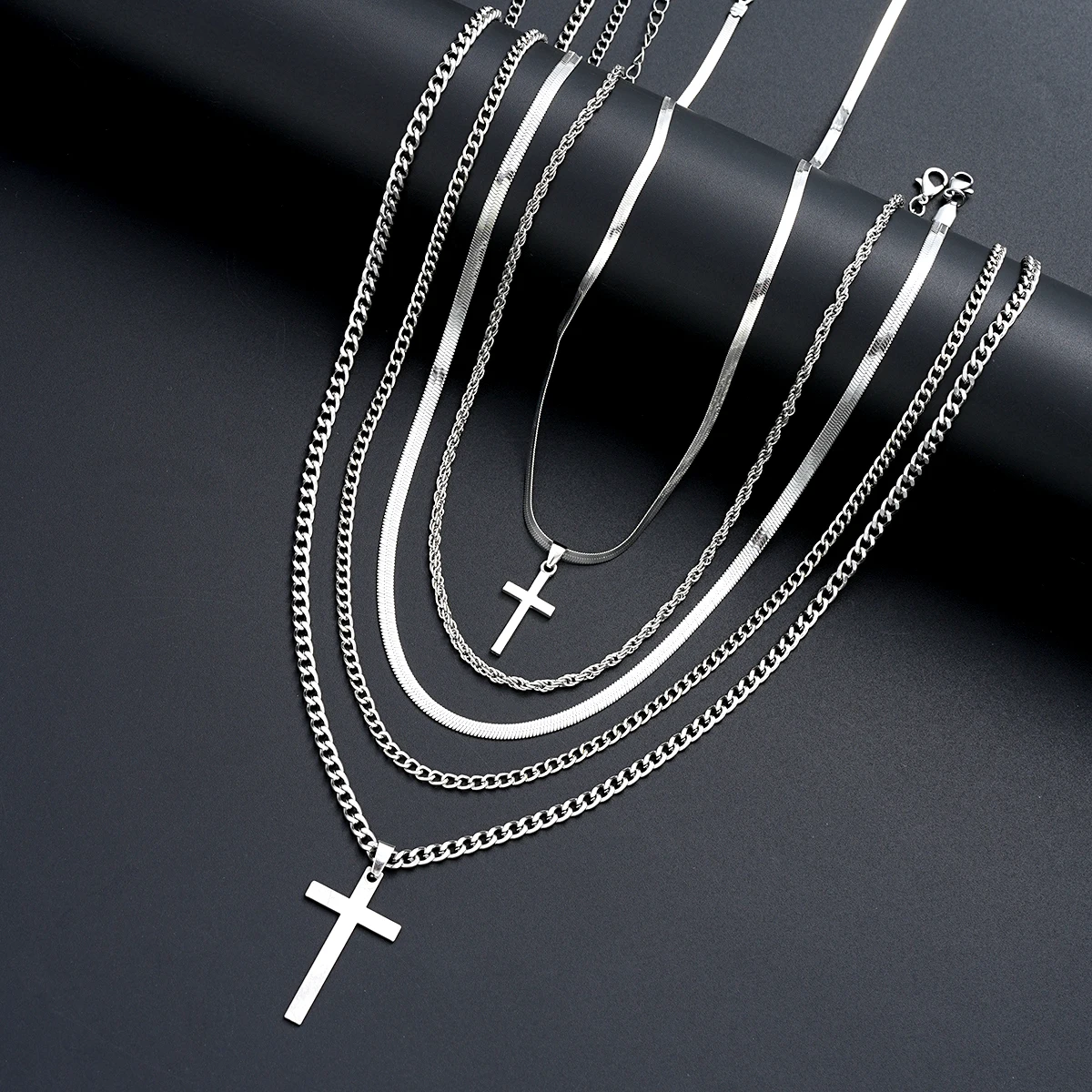 10 Pcs Casual Street Punk Stainless Steel Hollow Cross Pendant Necklace Bracelet Ring Fashion Jewelry Set For Men Women Gift New