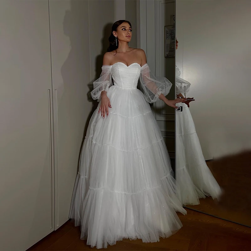 

Белое ТРАПЕЦИЕВИДНОЕ ПЛАТЬЕ с сердечком, свадебные платья принцессы с открытыми плечами и бусинами, свадебные платья с длинными рукавами-фонариками, платье для невесты