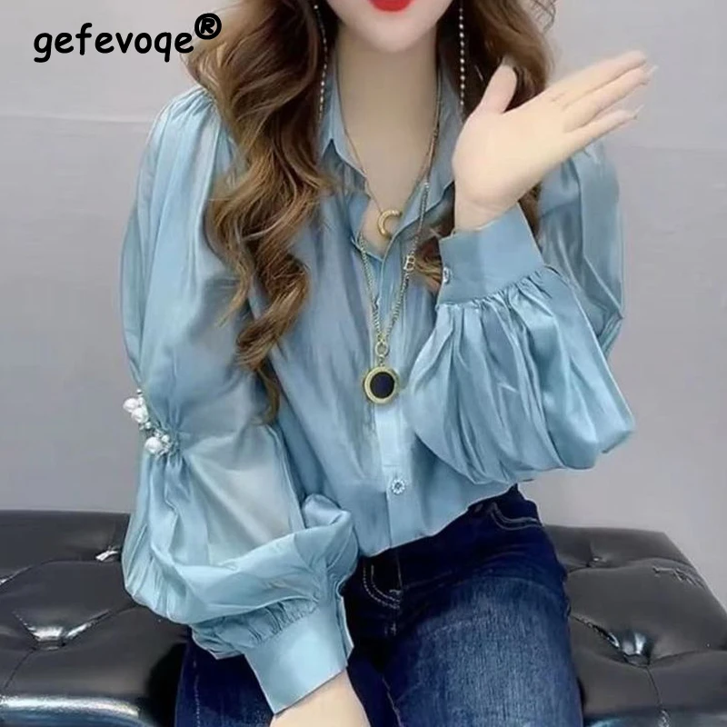 

Women Trendy Beaded Chic Sweet Design Shirts 2024 Spring Autumn Korean Casual Elegant Blouses Solid Long Sleeve Loose Tops Blusa