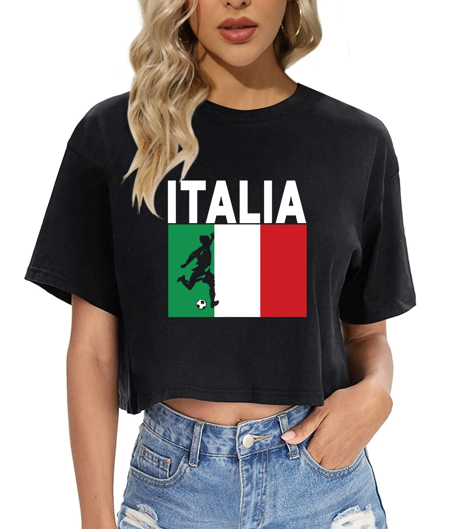 

2024 European Cup Creative Italian flag Graphic Crop T-shirt Women Summer Fashion Harajuku Casual Sporty style O-Neck Crop Top