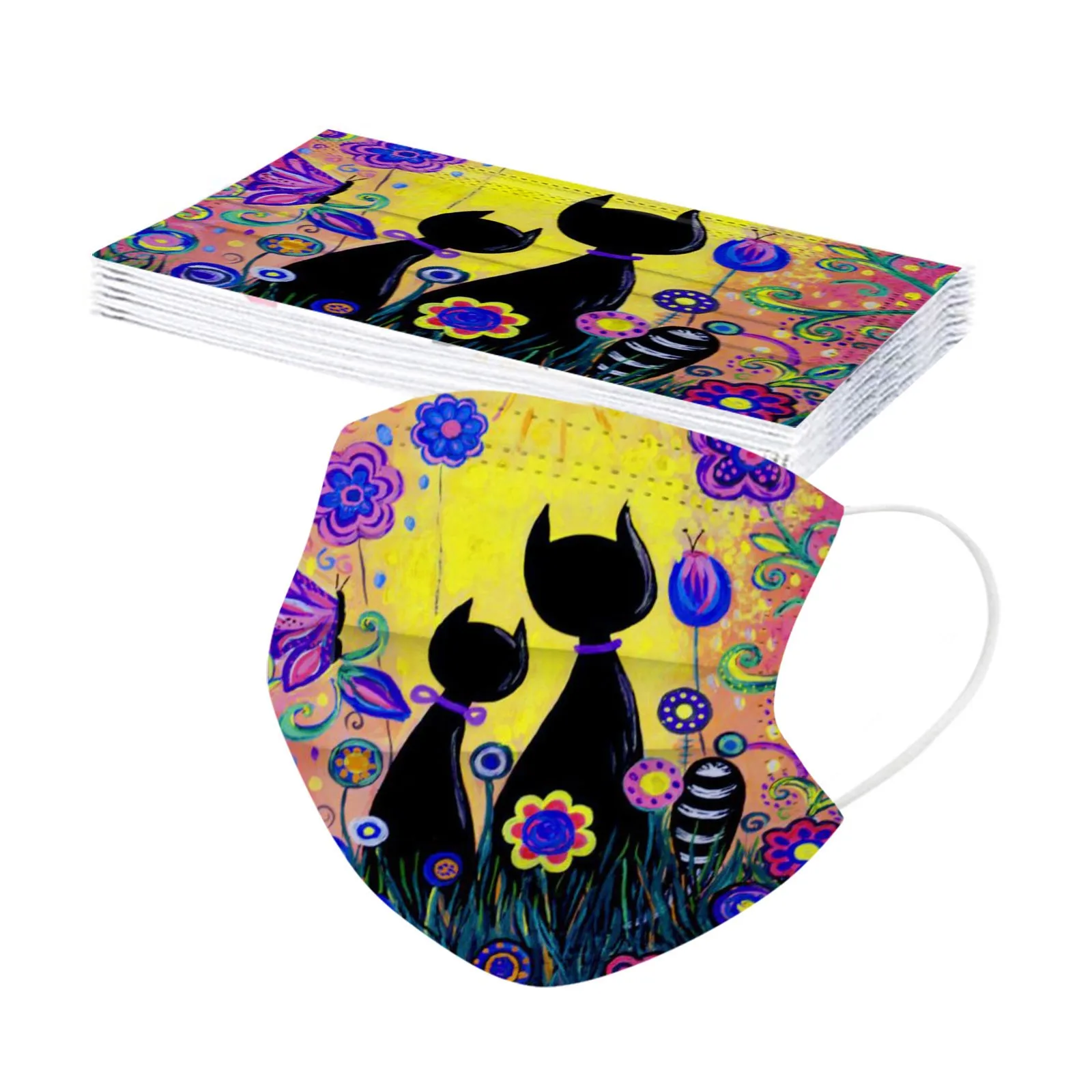Disposable Face Mask 10PC Adult Flowers Cat Cartoons Printing Three-Layer Protective