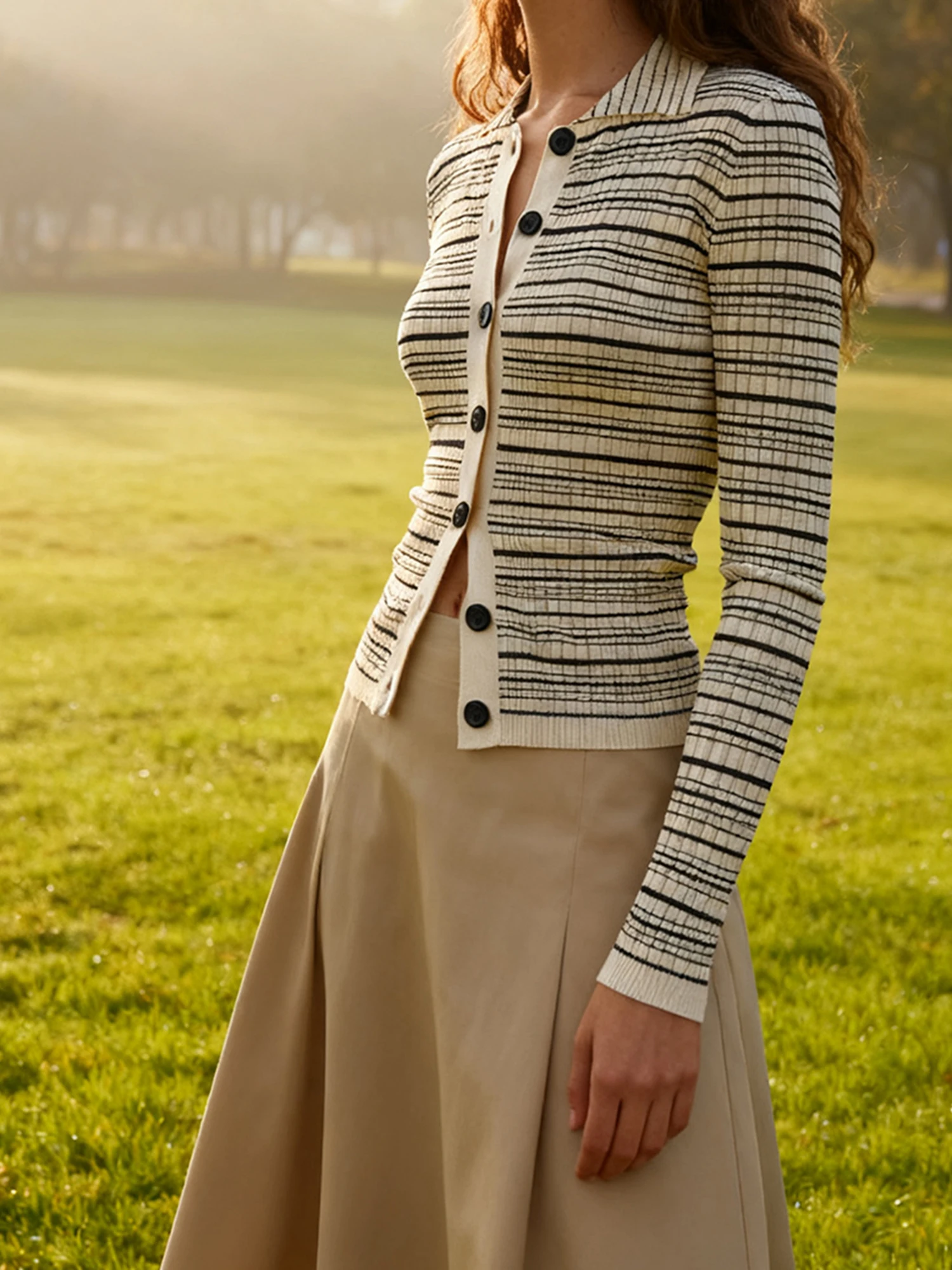 Women s Striped Knit Button Down Shirt with Turn Down Collar and Long Sleeves - Casual  Fit Top for Fall Fashion