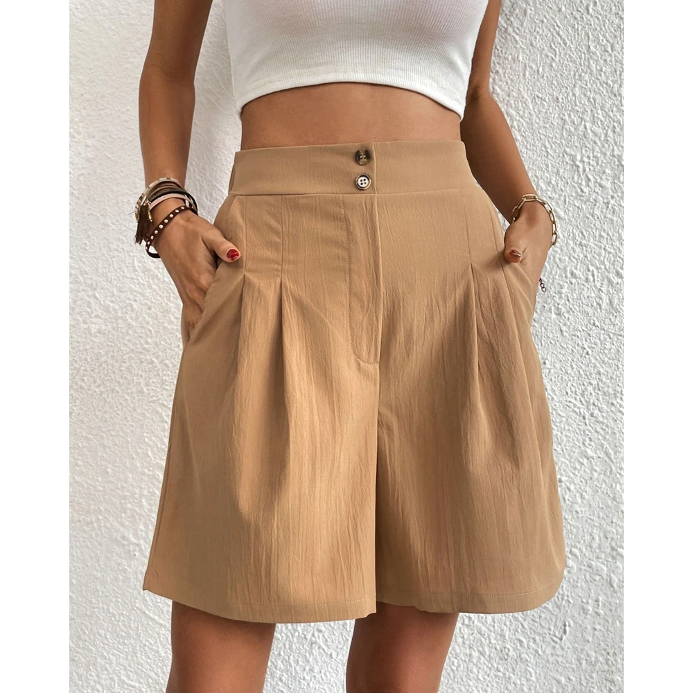 Summer Women Ruched Deisgn High Waist Shorts Female Casual Buttoned Wide Leg Elegant Korean Style Hot Pants Streetwear Outfits