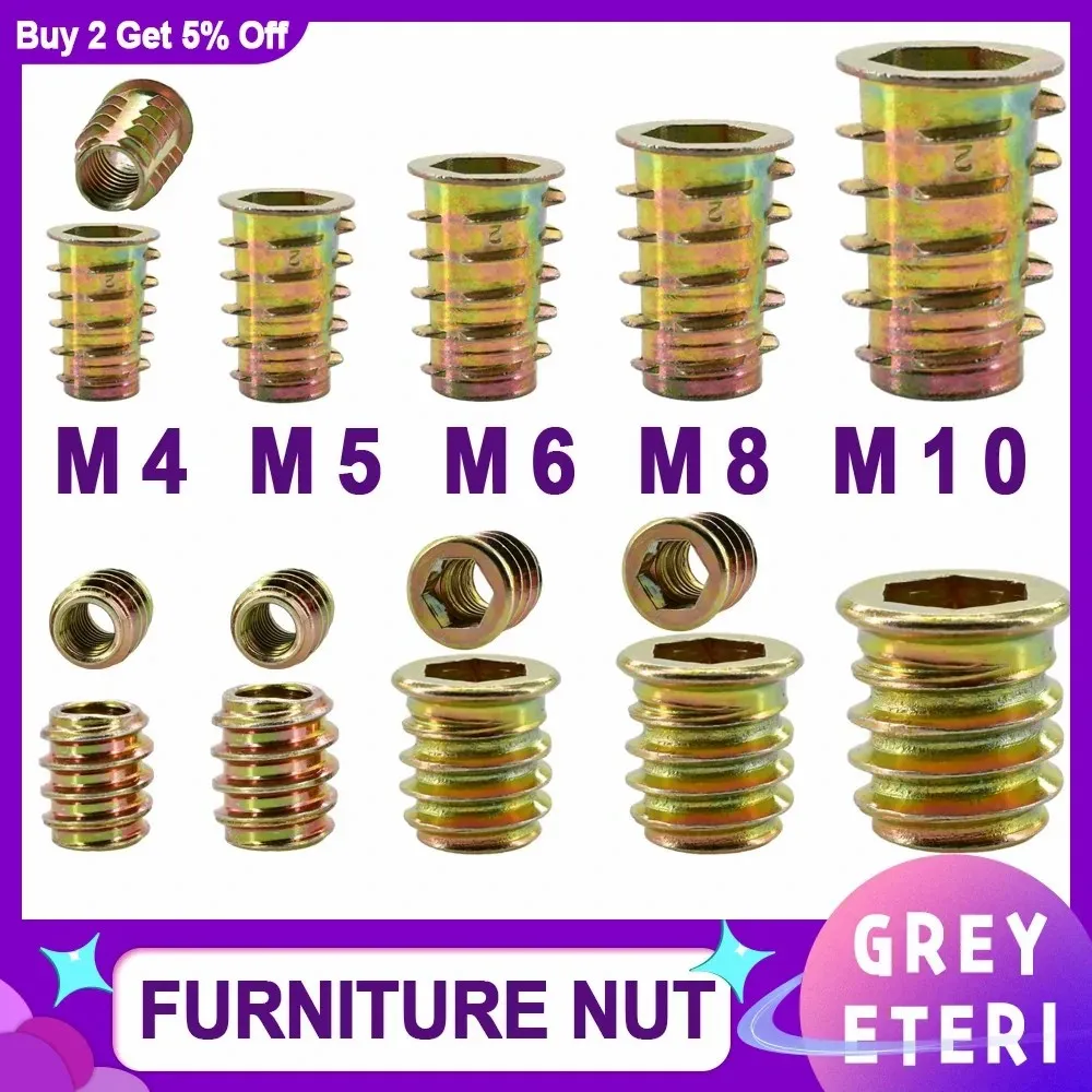 Liga de Zinco Hex Drive Insert Nuts Móveis Nut Drive Head Rosqueado para Madeira Conector de Móveis m4 m5 m6 m8 M10 50 Pcs 100 Pcs