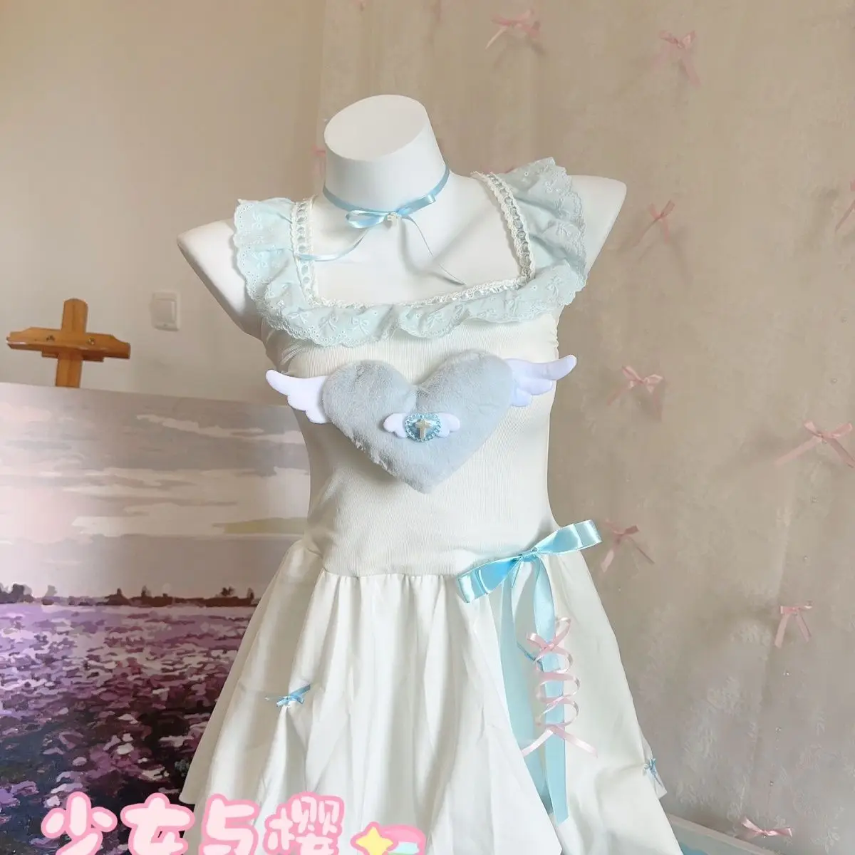 Japan Kawaii Rabbit blue Pink Blue Maid Mini Dress Lace Hot Sexy Women Tops Two Piece Set 2024 New