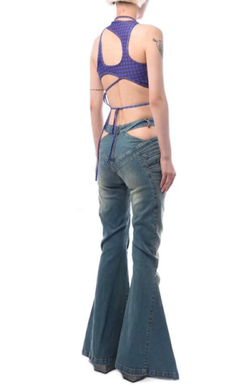Women's Gothic Style Denim Pants, Hollowed Out High Waisted Spiral Placket Jeans, Big Flared Trousers