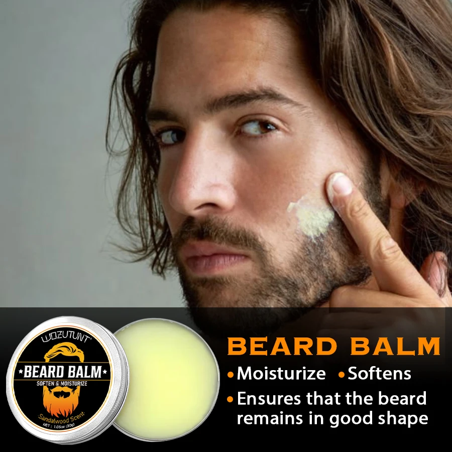 Beard Care Kit for Men, Wash Conditioner Beard Oil and Balm with Comb Brush and Scissors, Sandalwood Scented, Perfect Gift for Men