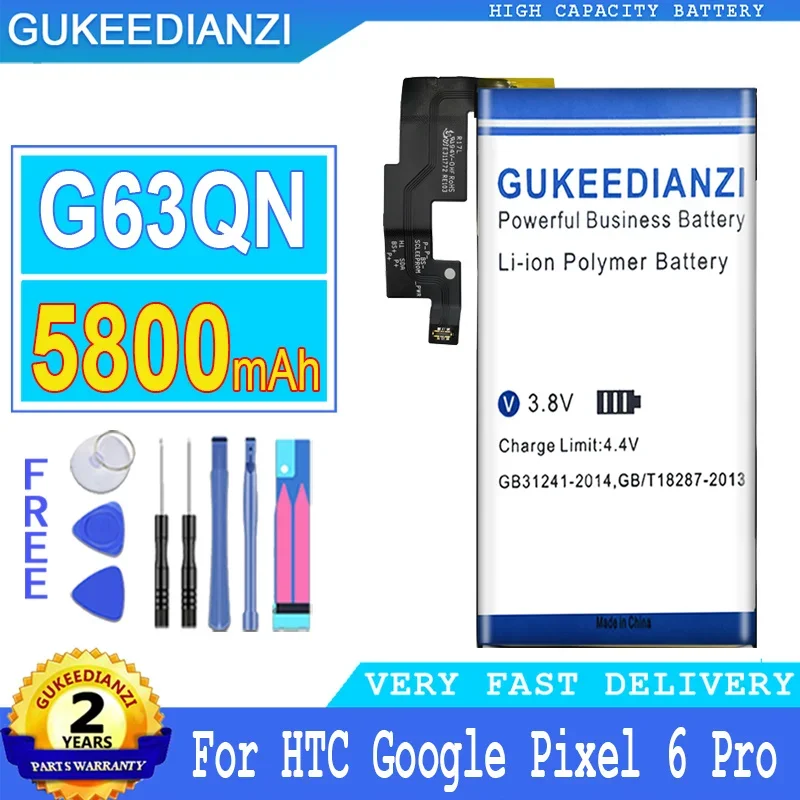 

Аккумулятор GUKEEDIANZI для HTC, Google Pixel 6 Pro, большой мощности, 5200 мАч, 5800 мач, G63QN, GMSB3