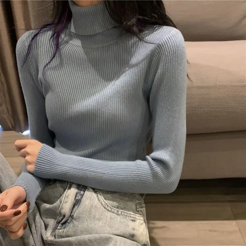 

Harajuku Pullover Turtleneck Sweater Women Fall Soft Knit Sweater Slim Elastic Korean Simple Basic Cheap Jumper Solid Tops NEW