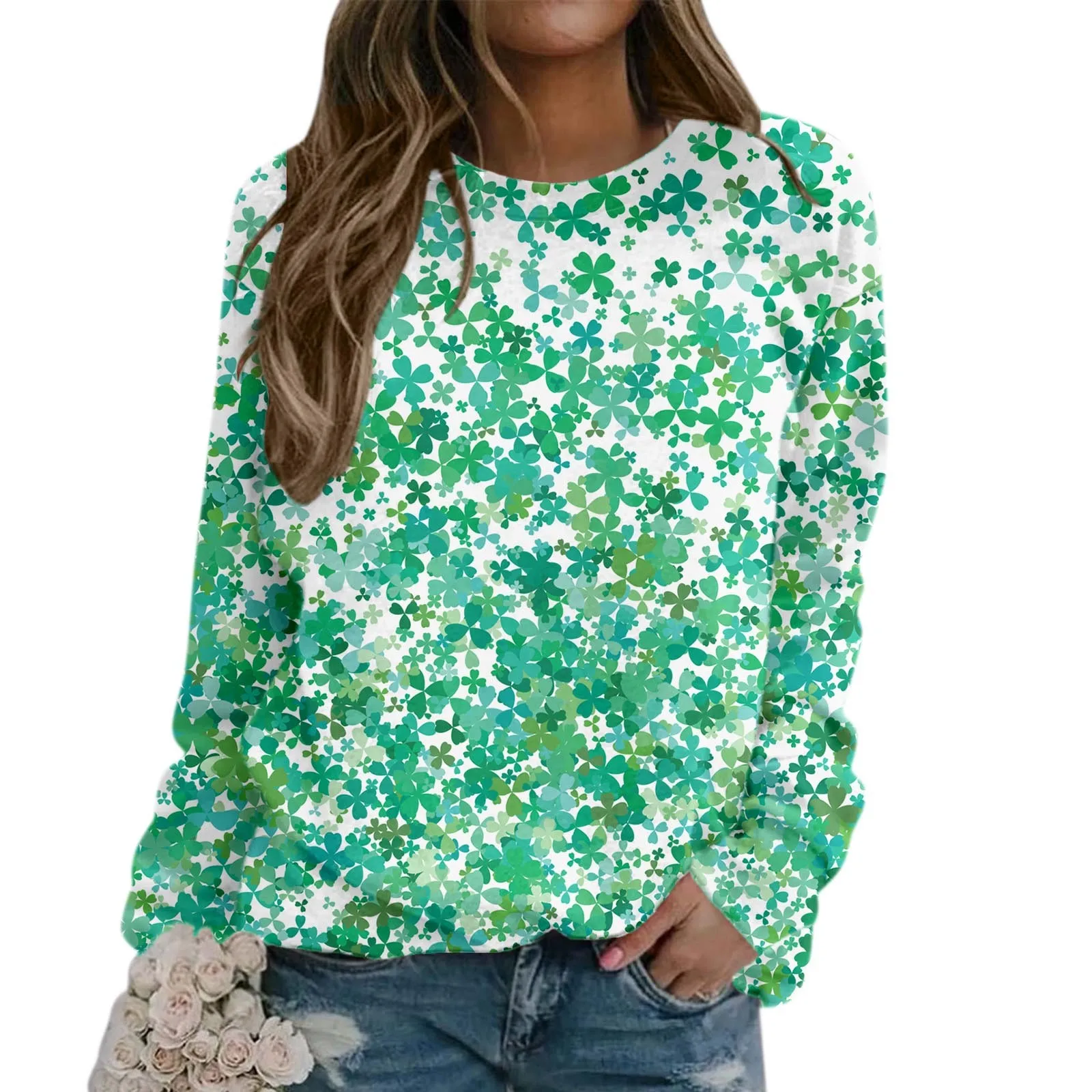 

Banded Sweatshirt Women Round Neck Holiday All Print Long Sleeve Four Leaf Hoodless Hoodies Sweatshirt Mock Neck Shirts Women