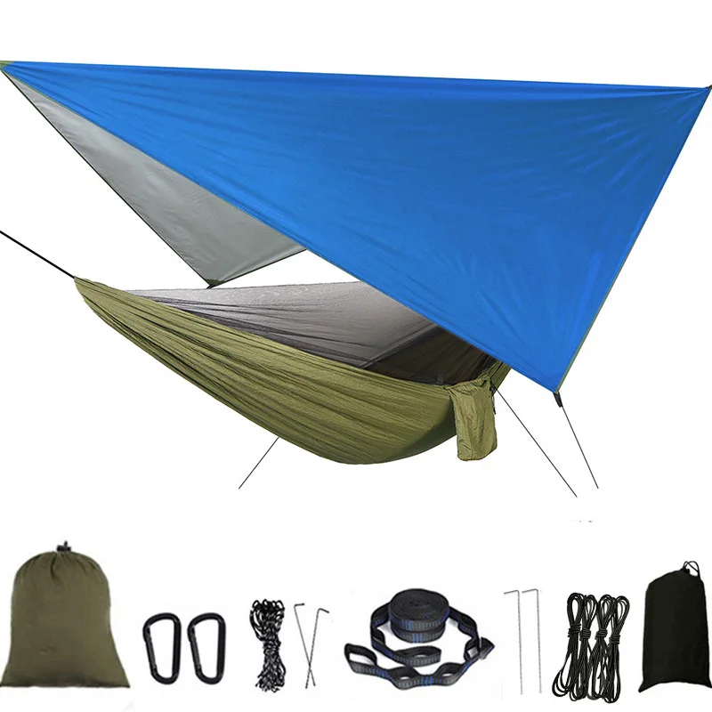 Camping Hammock Mosquito Net and Rain Fly Tarp Portable Tent Parachute Hammock with Tree Strap Indoor Outdoor Backpacking Travel 