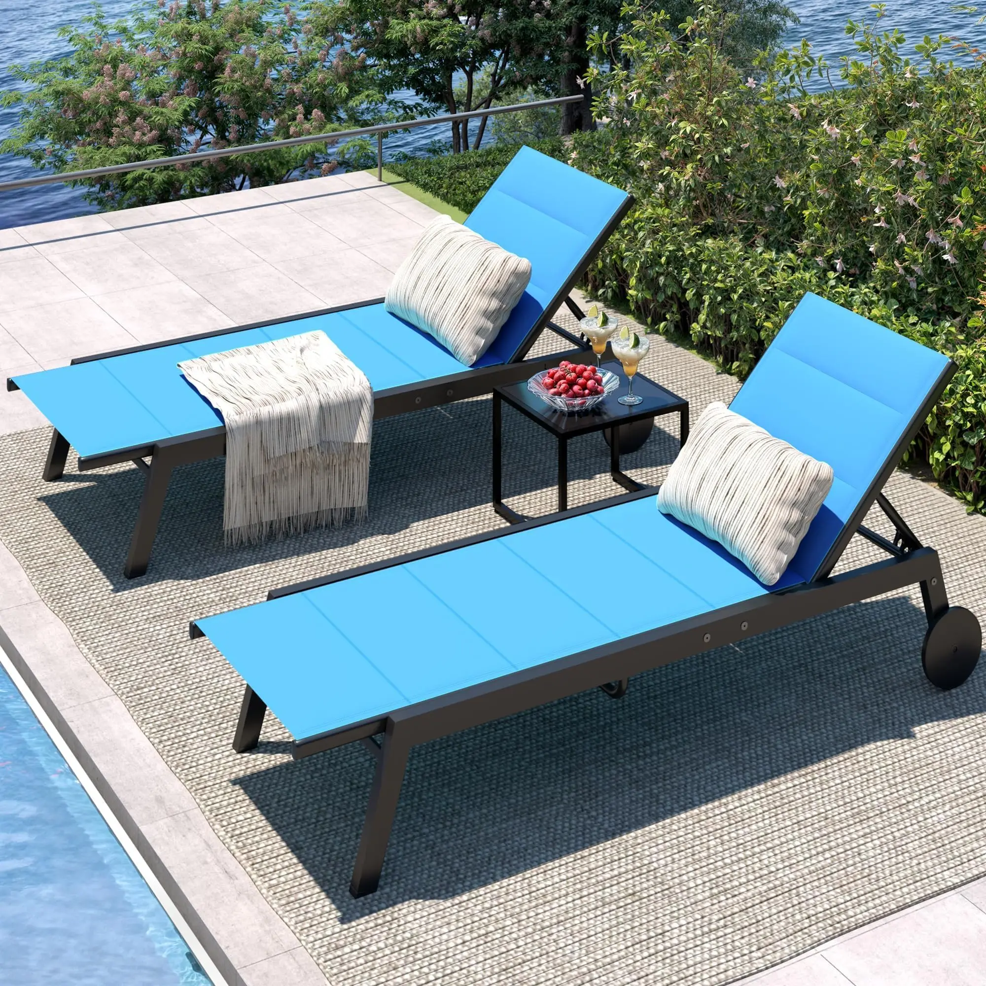atio Textile Chaiselongue-Stühle mit Beistelltisch, 3er-Set Outdoor-Chaiselongue-Set mit Rollen, 5-stufige Rückenlehne, Poolliege – Detail 9