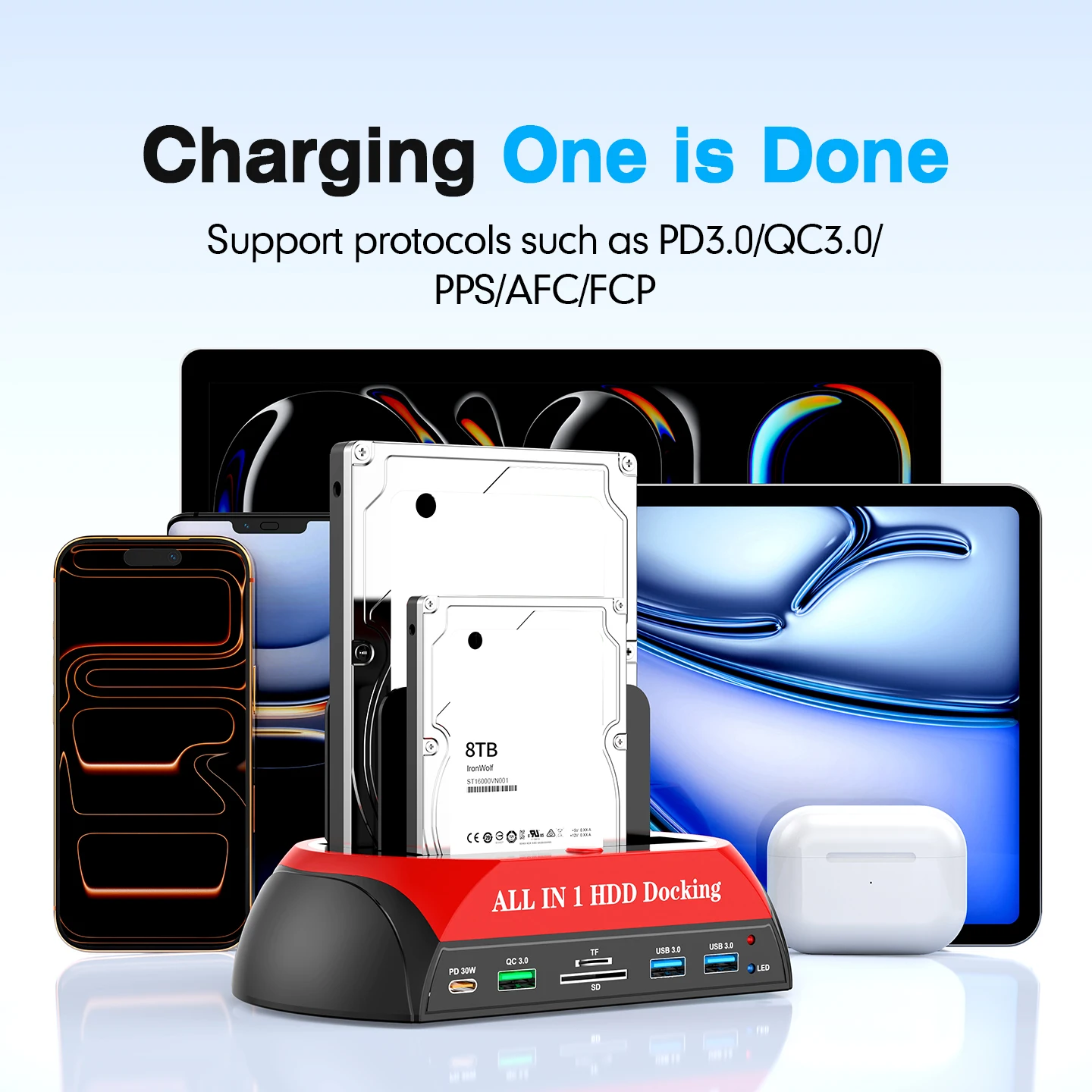 Eswirepro 듀얼 베이 HDD 도킹 스테이션 (PD QC 충전 기능 포함) USB 3.0 - 2.5/3.5인치 IDE SATA 하드 드라이브 SSD HDD 인클로저