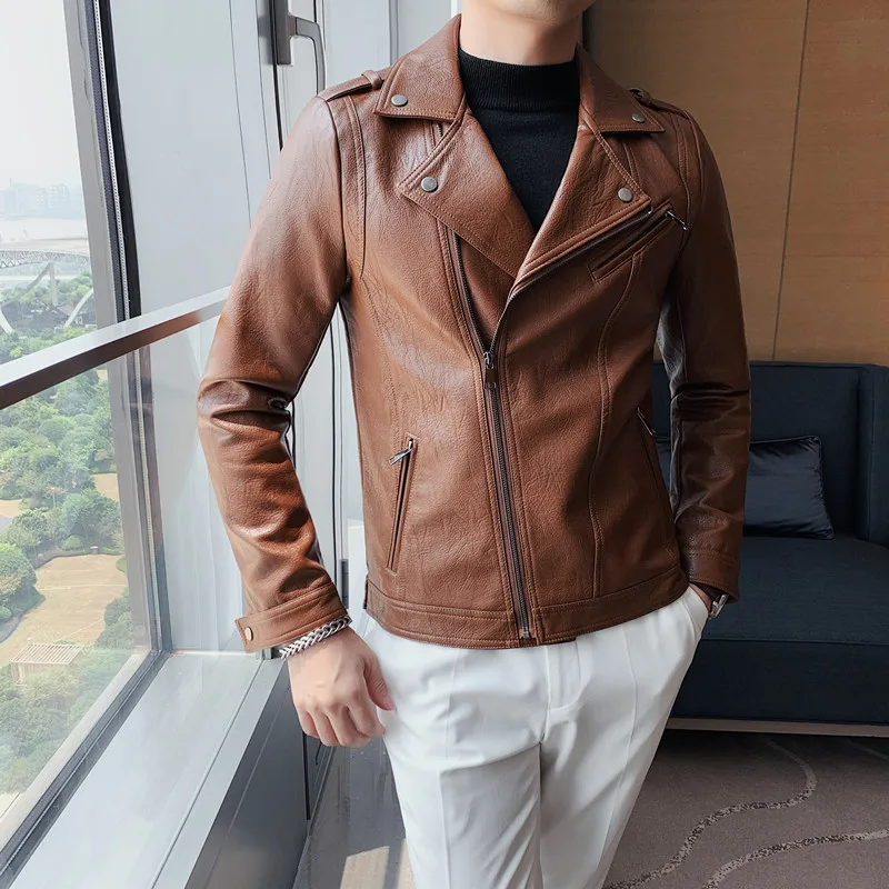 

PU leather jacket for men, slanted zipper slim fit suit collar jacket, suitable for men's personalized motorcycle jacket