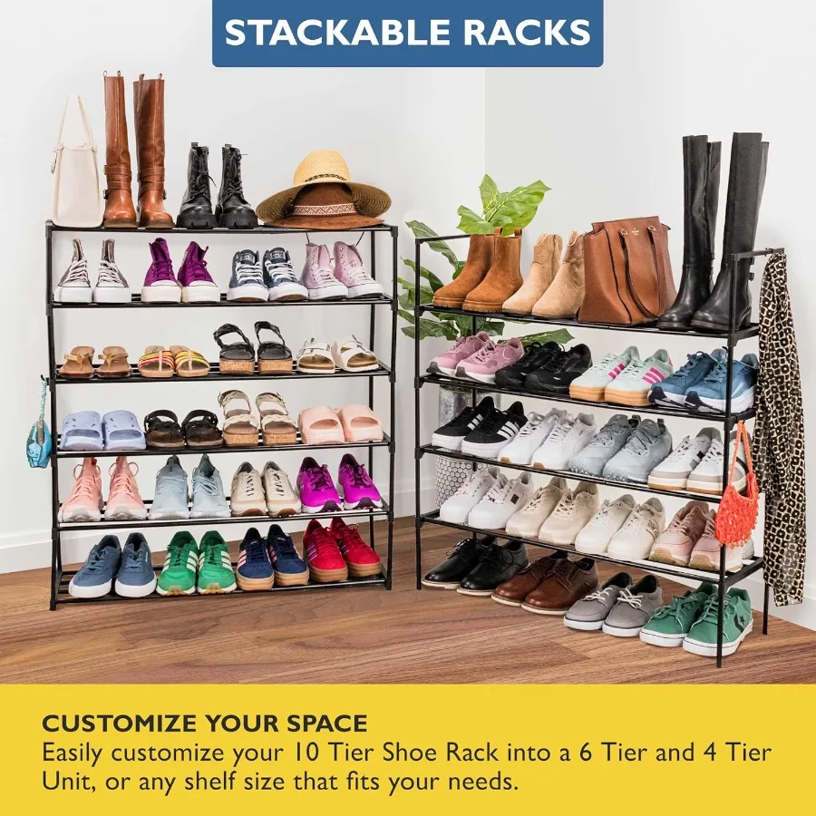 Shoe Rack 10 Tier Metal Shoe Rack for Front Door Entrance Sturdy Tall Shoe Organizer for Closet Bedroom Entryway Garage Black M