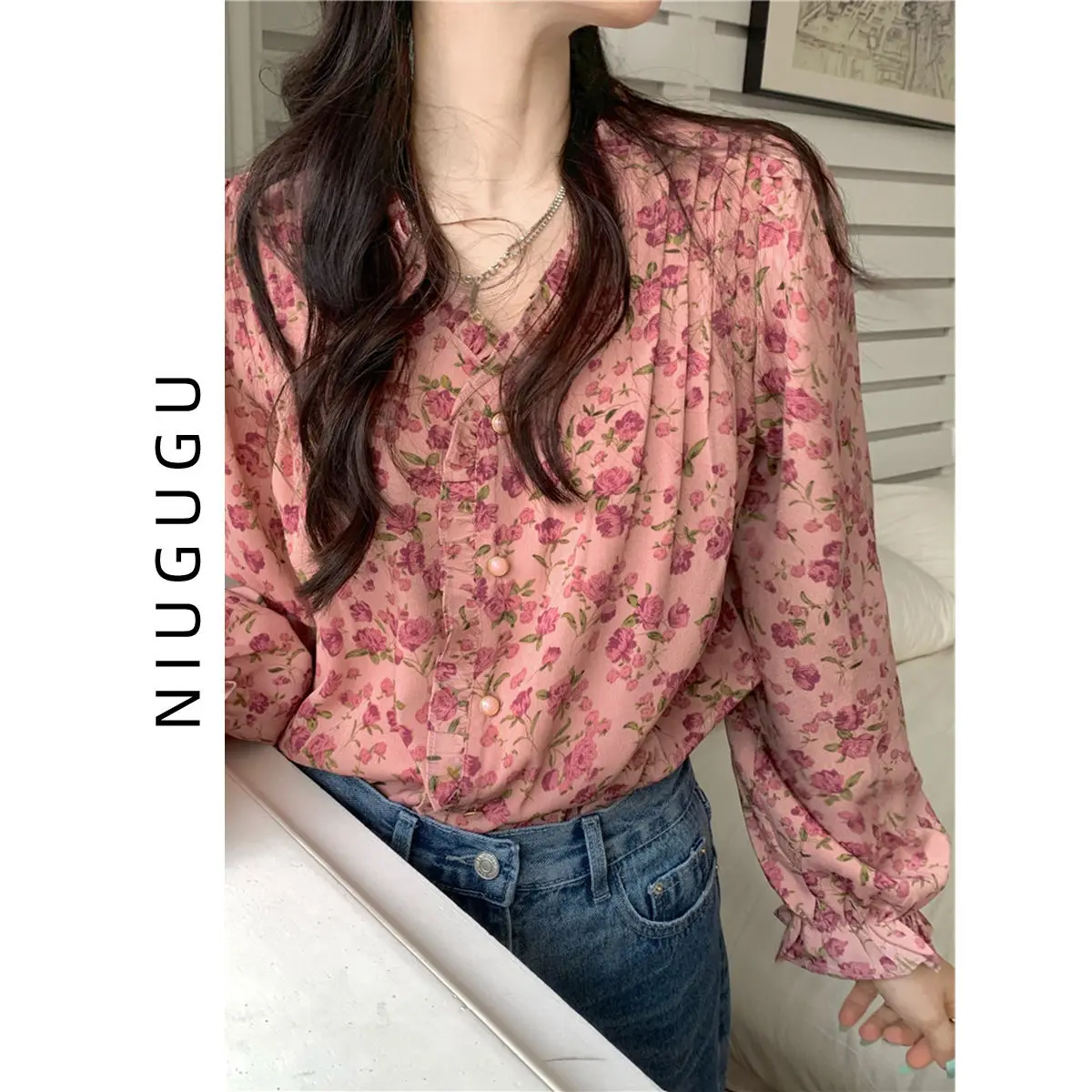 

Spring Floral Long Sleeve Chiffon Korean Style Print All-match V-neck Design Blouses Women Elegant Gentle Soft Ladies F133