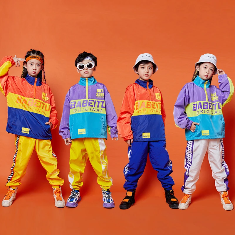 

Hip Hop Clothes Girls Concert Performance Outfit 4 Colors Hip Hop Kids Dance Costume Loose Long Sleeves Tops Pants Boys