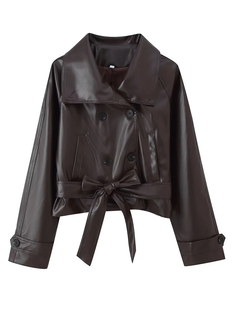 Women PU Leather Short Jacket Coats Lapel Double Breasted Faux Leather Belt Coat High Street Fashion Loose Outwear Women