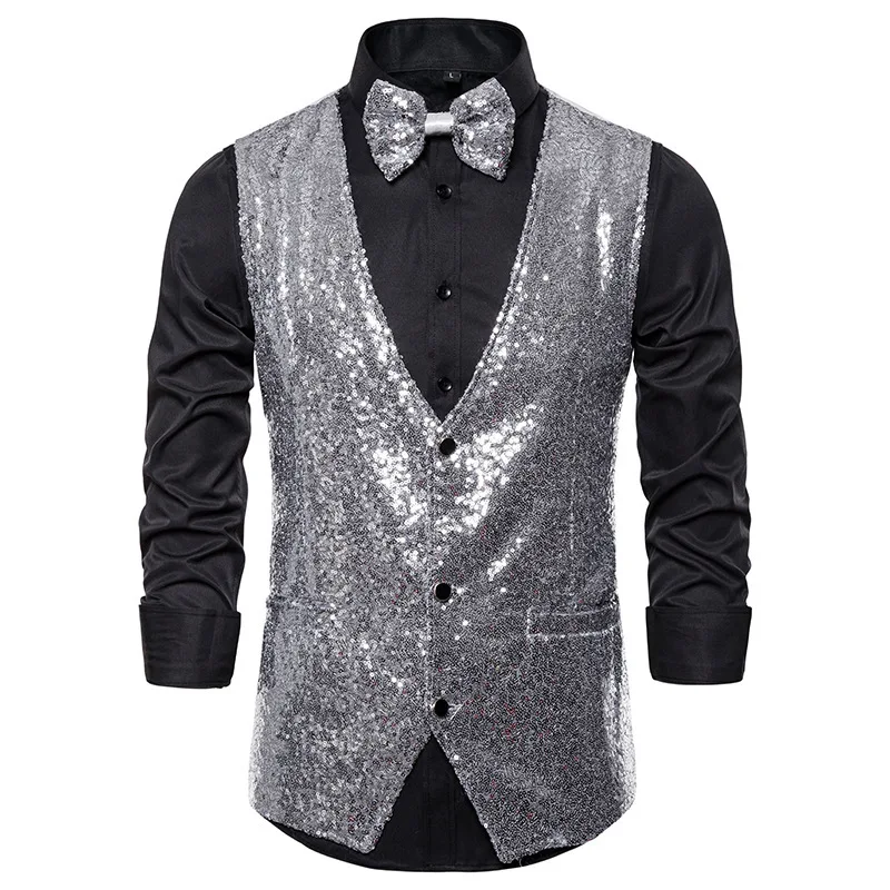 Men's Stage Sequined Suit Vest Host Singer MC Cosplay Party Shiny Performance Suit Vest