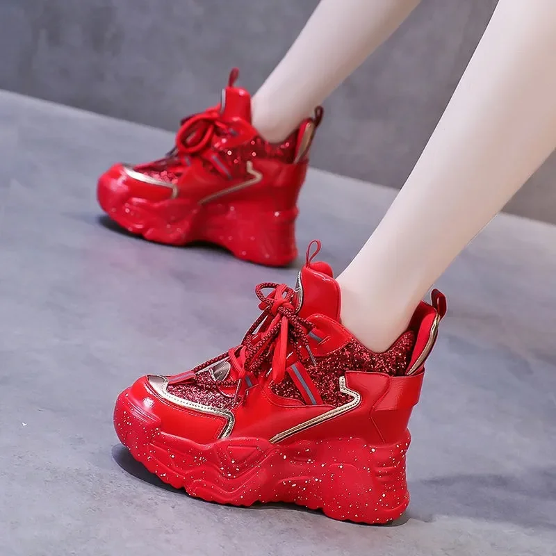 Women's Platform Sneakers 2022 Autumn Shiny Women's Slope Heel Casual Shoes Fashion High Heel Sneakers Zapatos Mujer