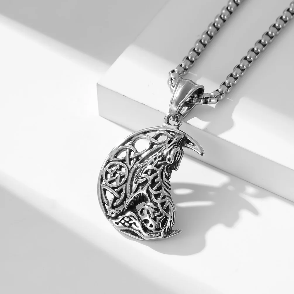 Fashion Vintage Style Jewelry Nordic Celtic Wolf Moon Hollow Pendant Stainless Steel Necklaces for Men