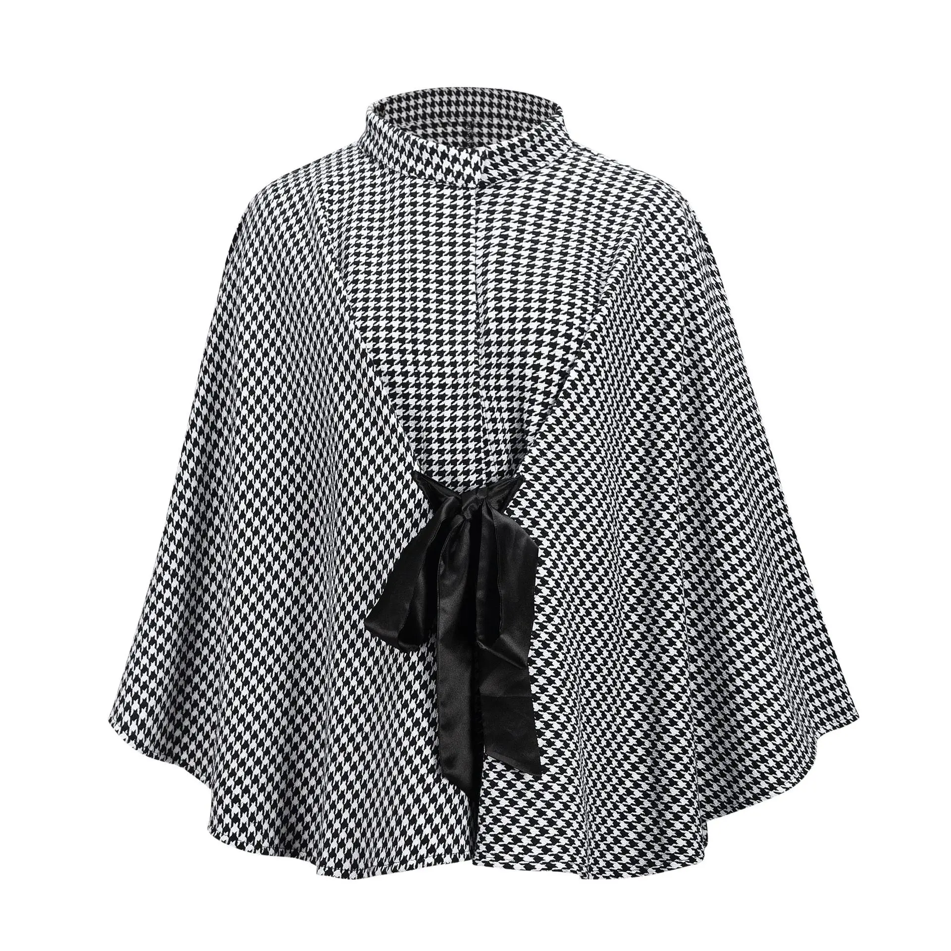 Coat Fashion Hounds tooth Print Half-high Collar Lace Up Bat Wing Elegant Women's Clothing.  One -Size