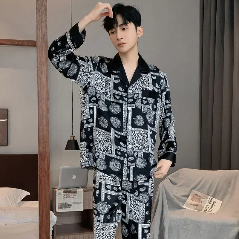 2024 New Men Ice Silk Pajamas Spring Autumn Male Long Sleeve Thin Artificial Silk Homewear Suit Fashion Large Size Sleepwear