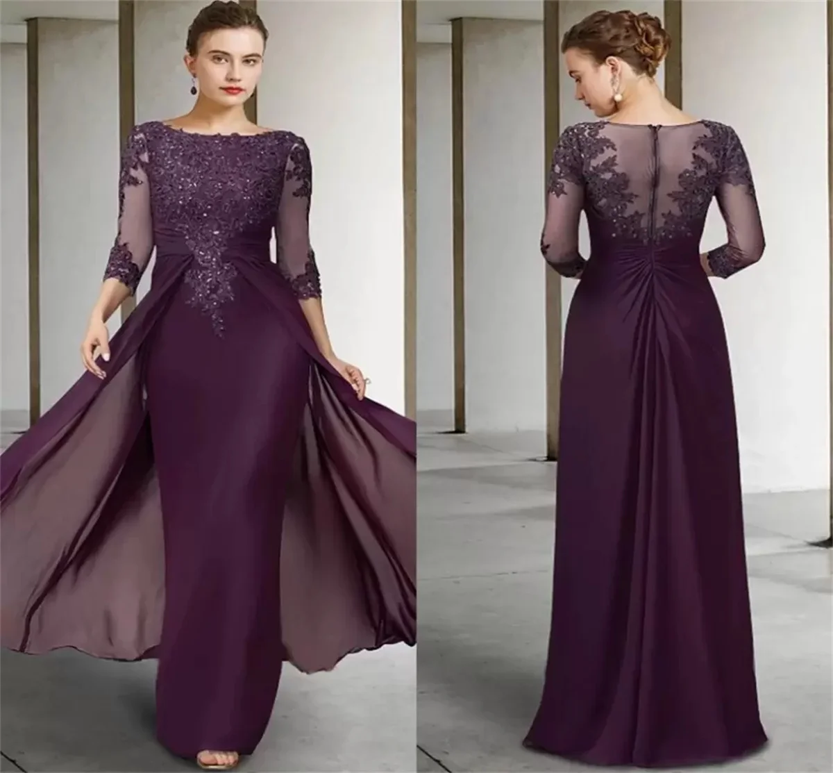 

Purple Round Neck Mother Bride Dress Jewelry Mermaid Applique Three-quarter Sleeve Front Side Pull Pleats Design Evening Dress