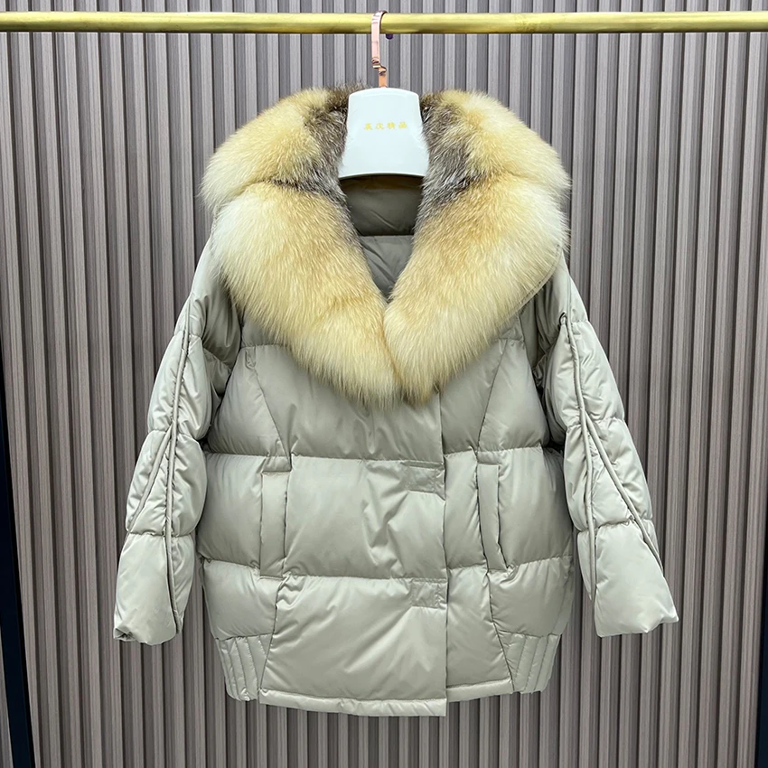 

Fashion Winter Natural Silver Fox Fur Suit Collar Coats Women Goose Down Jacket Outwear Female Coats Hooded Parka Puffer Jackets
