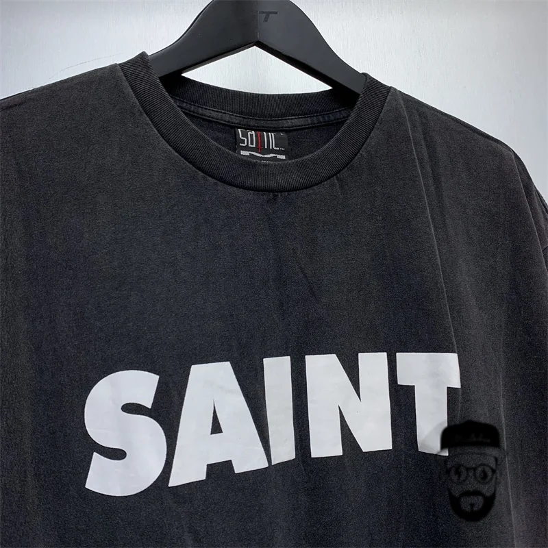 Free Shipping Street Saint Michael T-shirt Washed Old Cotton Classic Letter Print Short Sleeve Vintage Loose Men Women Tshirts