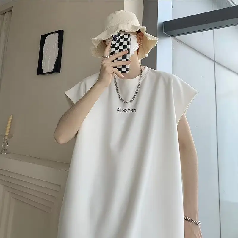 

American retro sleeveless vest men summer design niche y2k trendy brand trend couple style Korean suede short-sleeved T-shirt