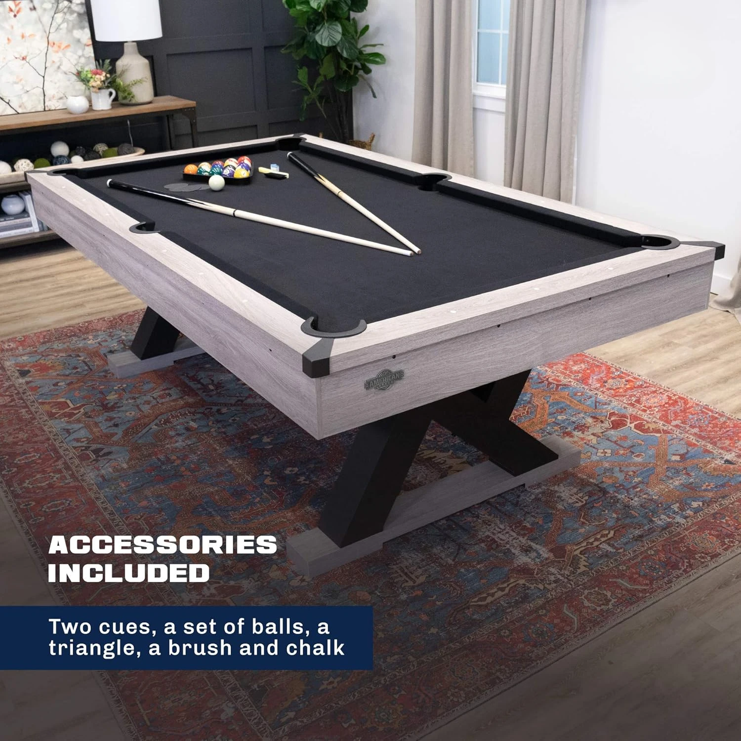 Kirkwood 90&rdquo; Billiard Table with Rustic Finish, K-Shaped Legs and Black Cloth, Brown