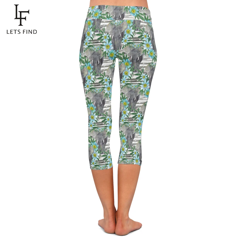 Summer Women High Waist Capri Leggings Fashion 3D Elephant and Flowers Digital Printing  Mid-Calf 3/4 Women Leggings