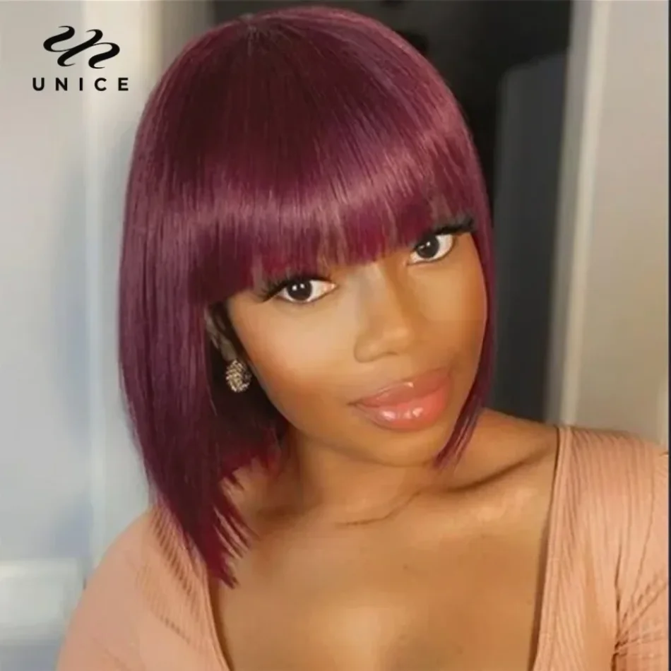 

Unice Hair Burgundy Color Lace Front Bob Wig With Bangs Human Hair Brazilian 13x4 Frontal Wigs for Women Short Bob WIgs Wolf Cut