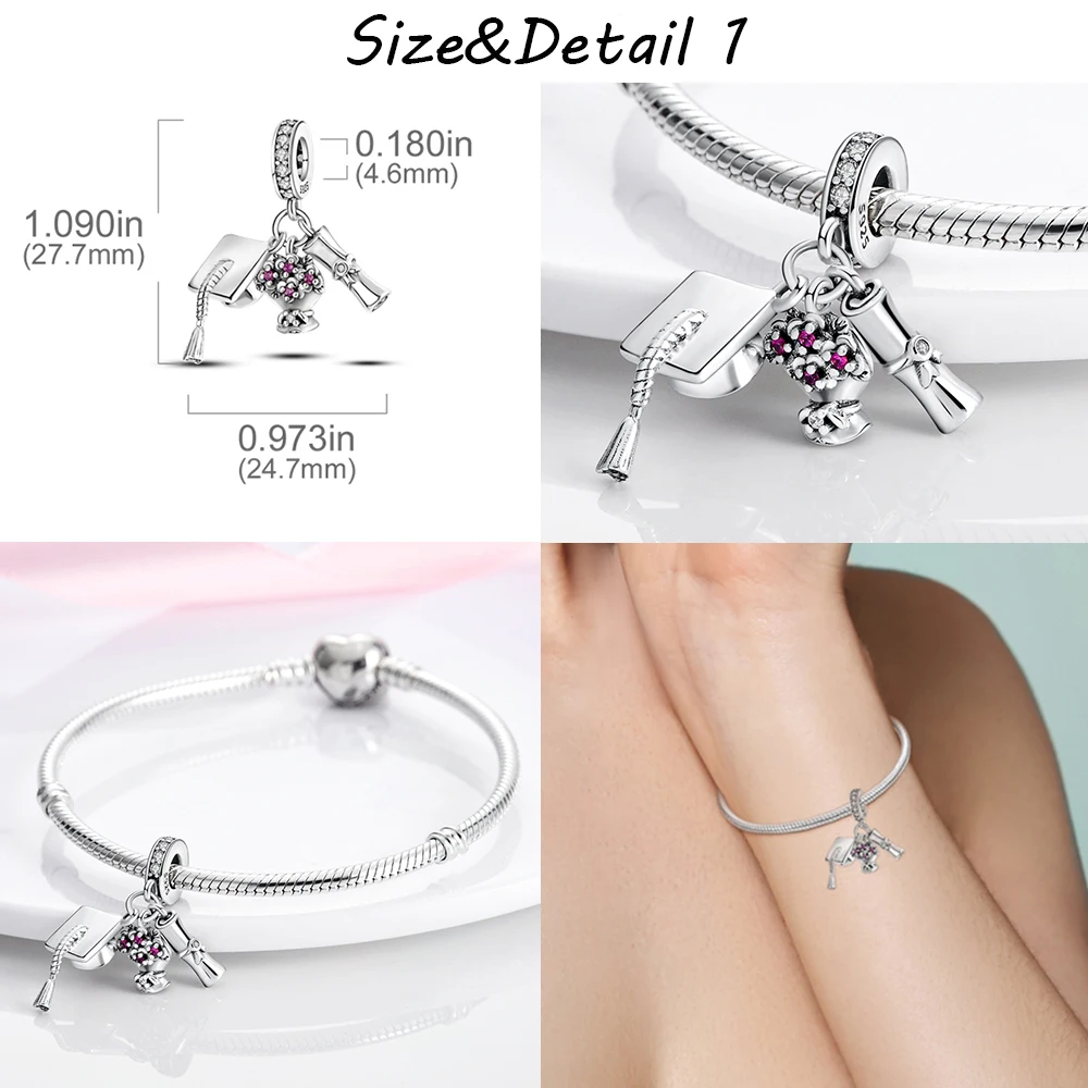Charm Jewelry Sterling Silver Jewelry Beads Charms Sterling Silver Beads Silver Charm Bead Charm Bead Beads Jewelry Sterling Silver Beads Charm 925 Silver Graduation Books Flowers Charms Bead Fit Original Pandora Bracelet DIY Jewelry Women Gift